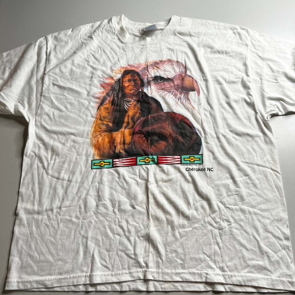 Vintage Hanes Cherokee NC Native American Eagle Graphic T-Shirt‎ XXL White 90s